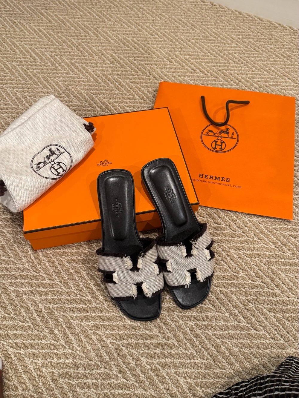 Hermes Brown & cream Fringed Oran Slide Sandals